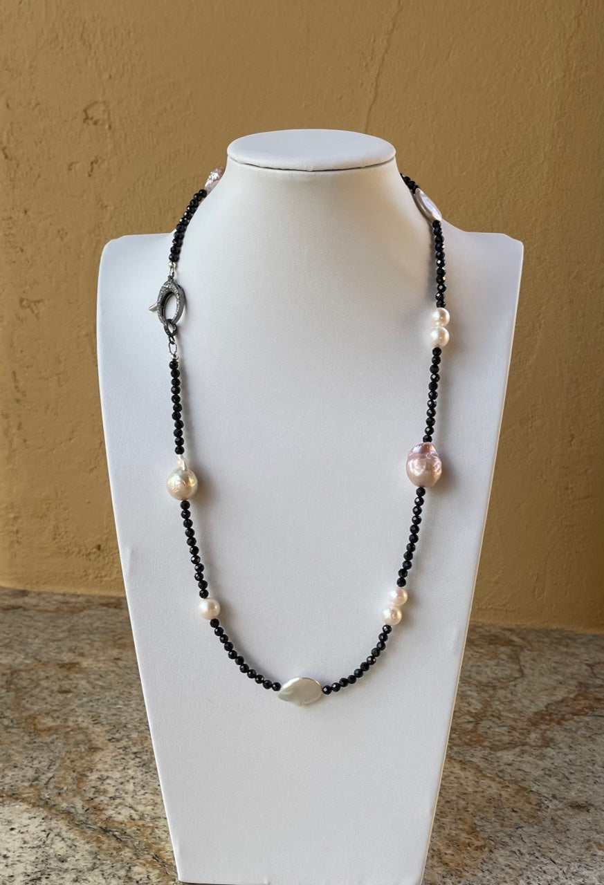 Necklace - black spinel with multiple shape pearls and a diamond clasp