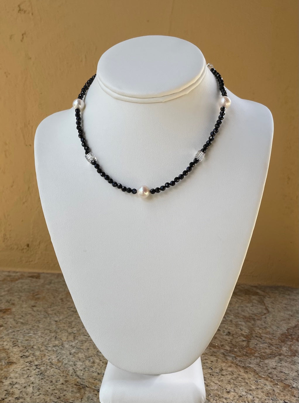 Necklace - Black spinel with white round pearls and Swarovski crystals