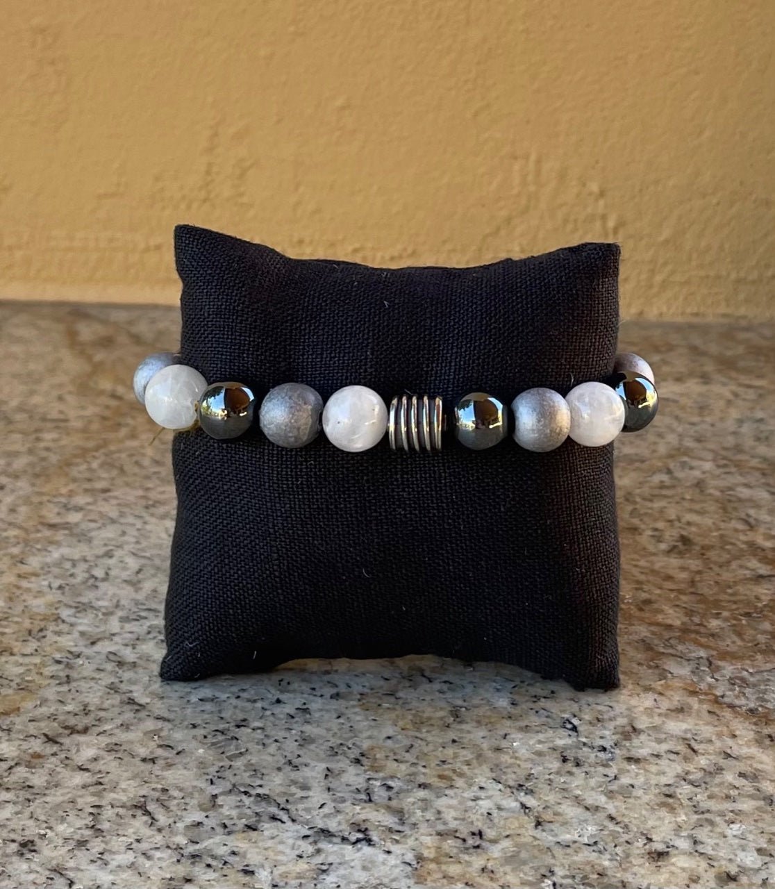 Bracelet - Grey hematite and white moon stone stretch bracelet