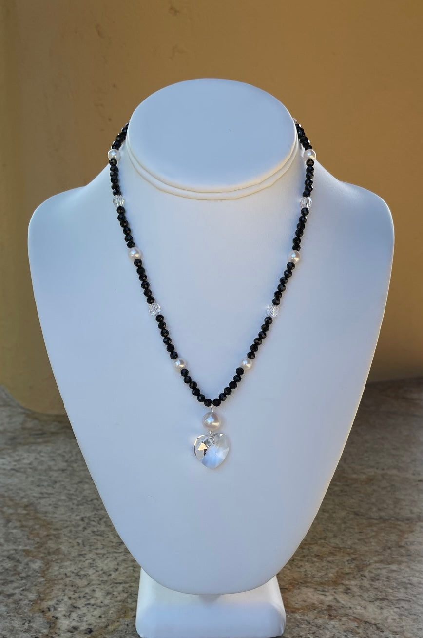 Necklace - Faceted black spinel with round white pearls and clear Swarovski crystals