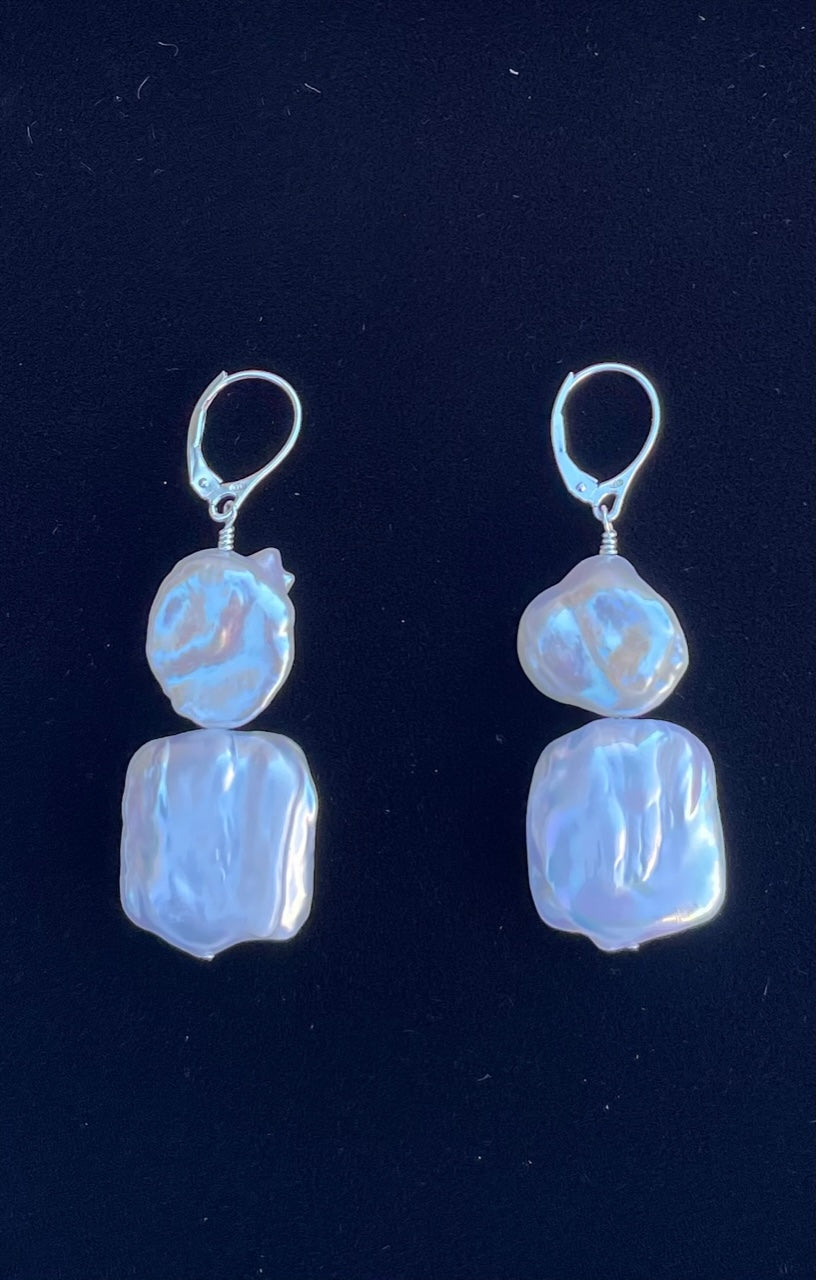 Earrings - Large white square and coin pearl hanging earrings