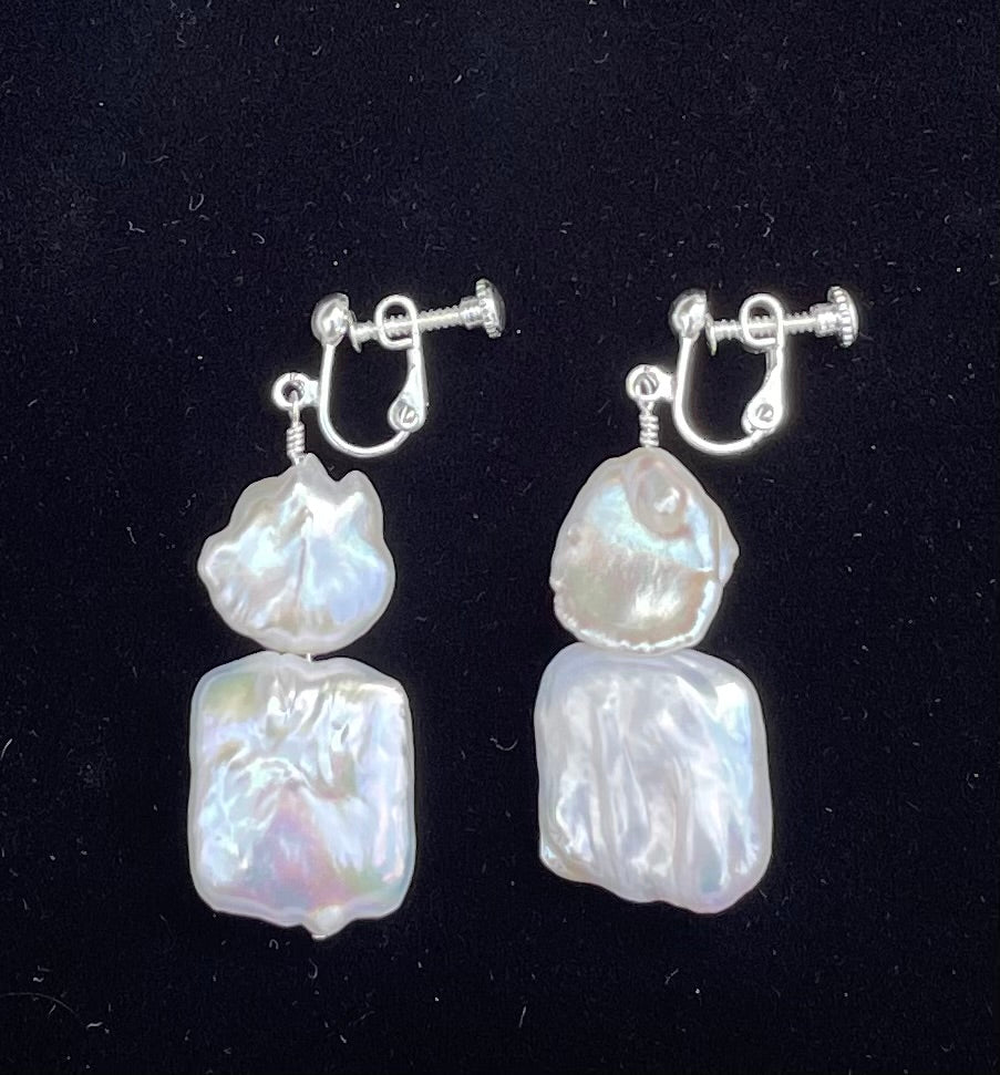 Earrings - Clip on earrings with 2 gorgeous hanging fresh water pearls
