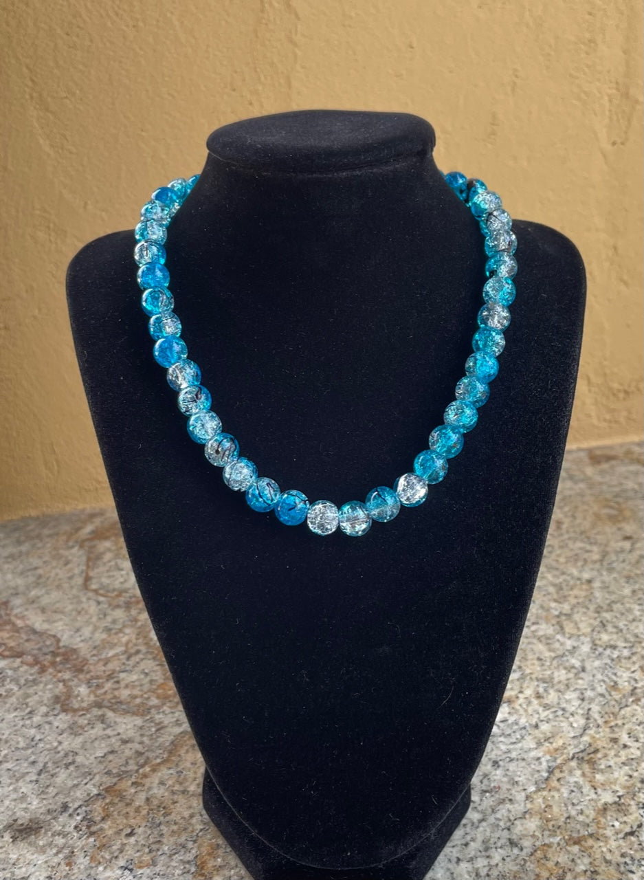Necklace - Handmade teal cracked glass
