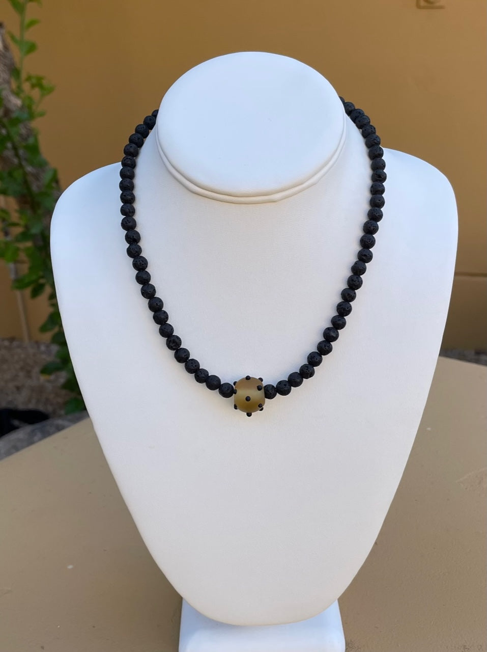 Necklace - Black lava stone beaded necklace with handmade glass bead as focal point
