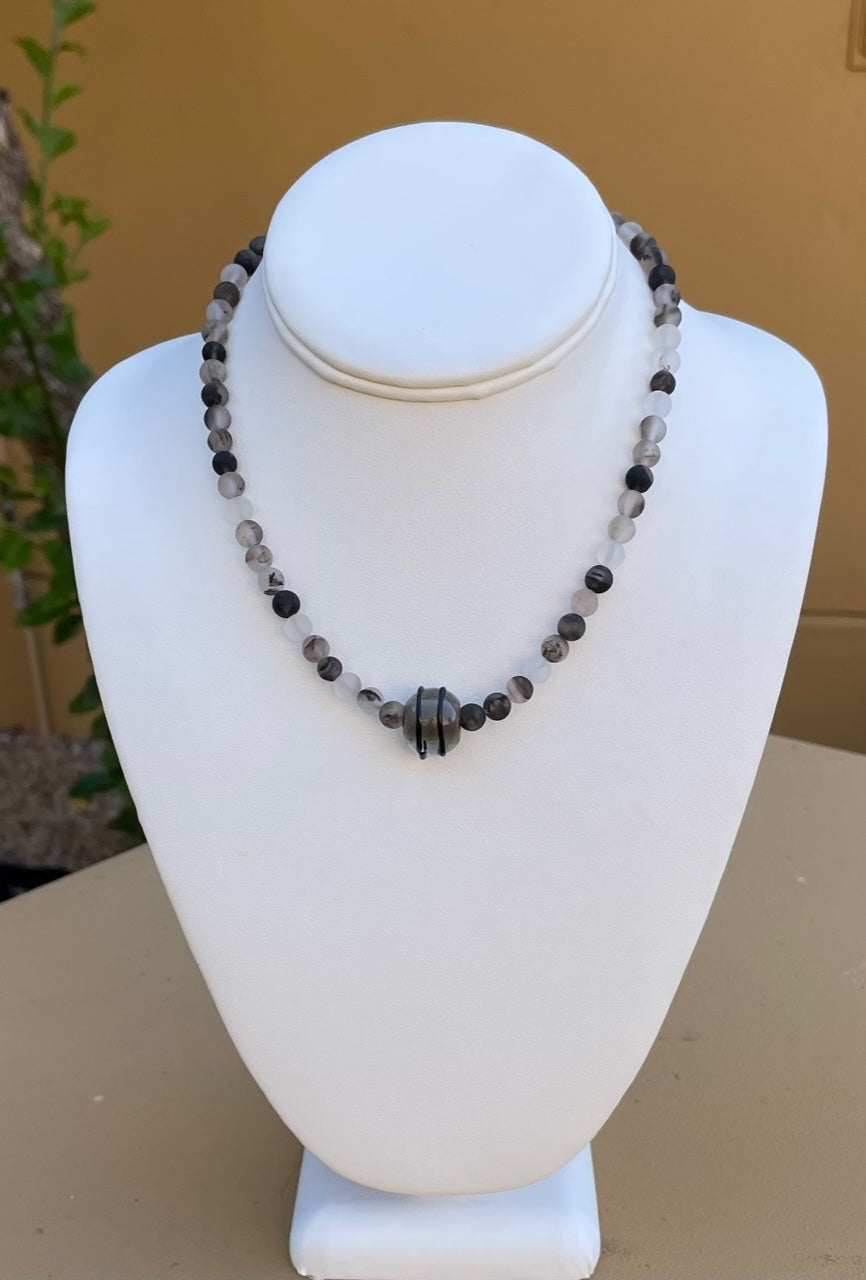 Necklace - Black, White and Grey matted rusticated quartz with handmade glass bead