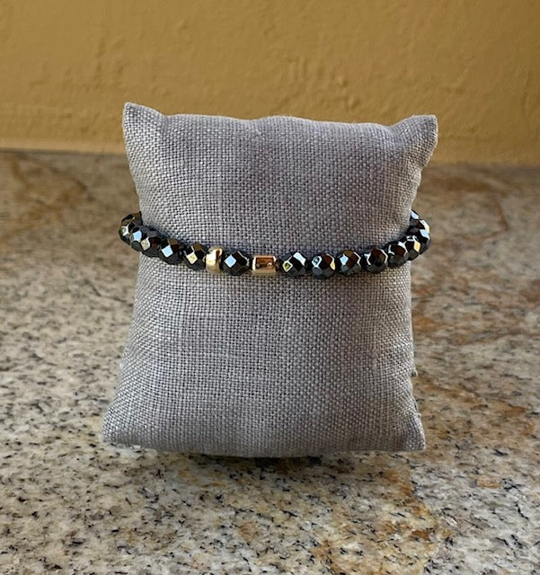 Bracelet - Stretch with faceted hematite and 14k gold beads