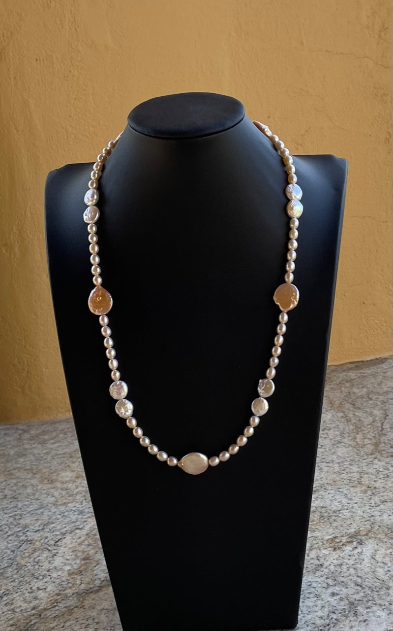 Necklace - Coral multi-shape fresh water pearls with sterling silver clasp