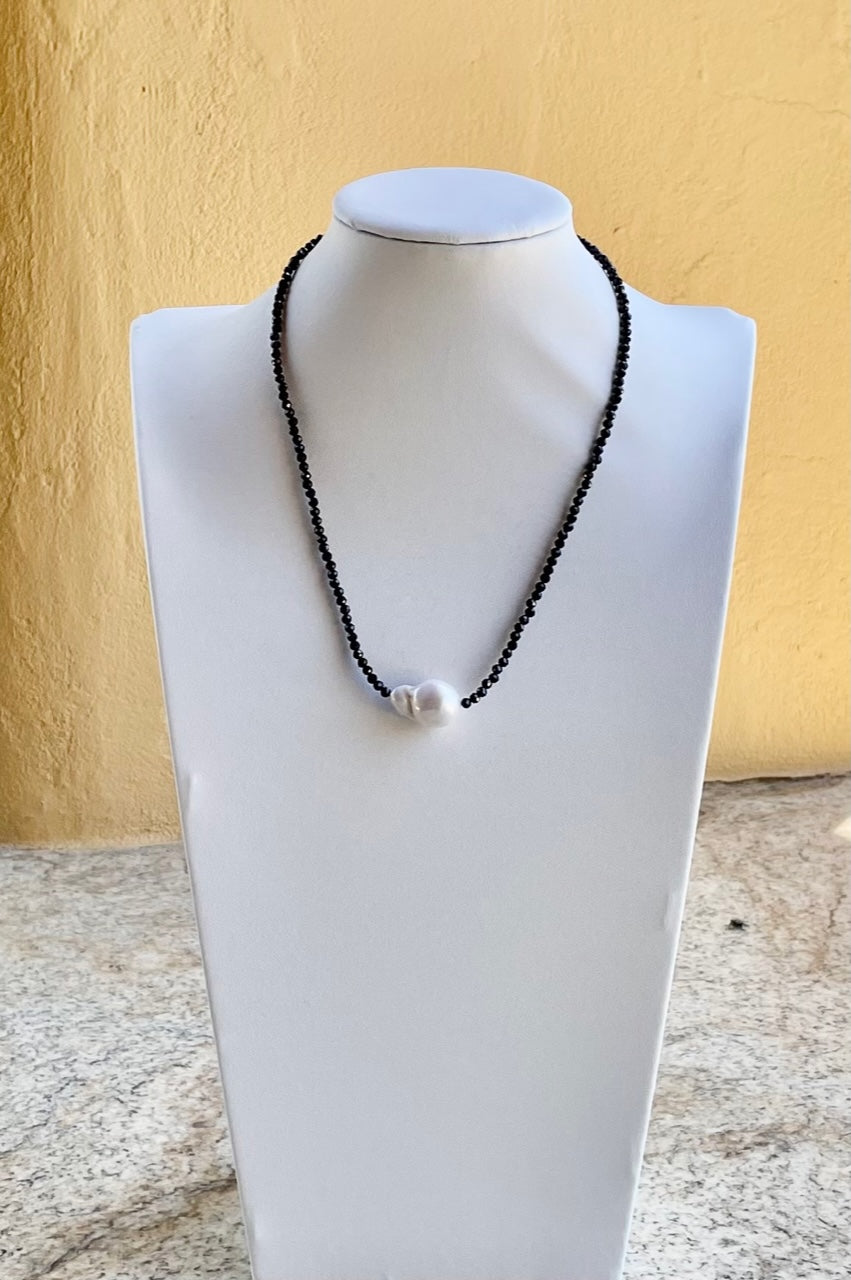 Necklace - Black spinel with a 15mm (large) baroque pearl