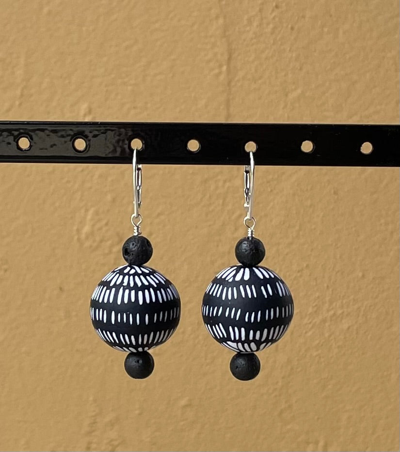 Earrings - Large handmade round clay bead with lava stone (black and white)