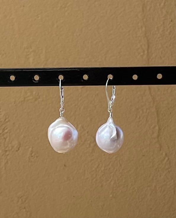 Earrings - White baroque freshwater pearls on sterling silver
