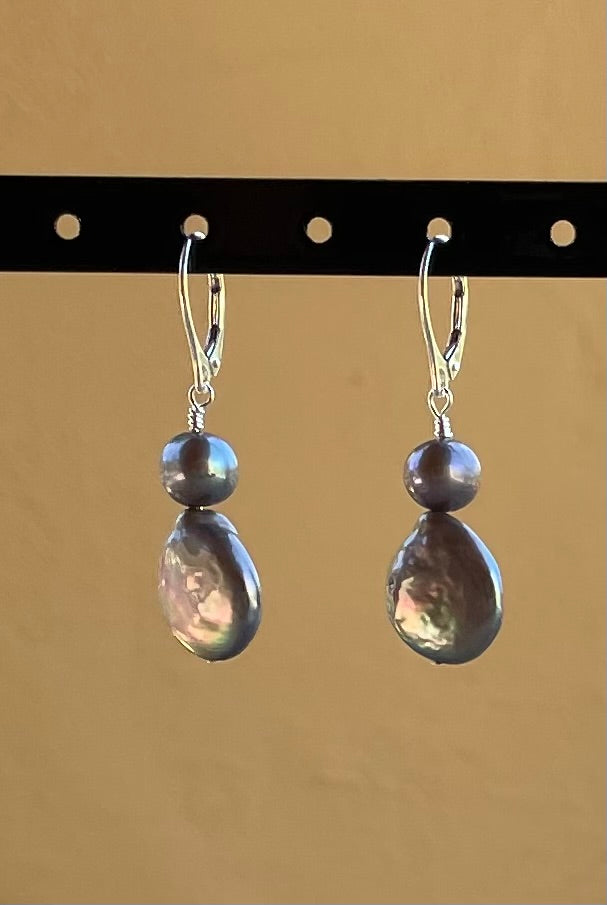 Earrings - Charcoal grey pearl hanging earrings