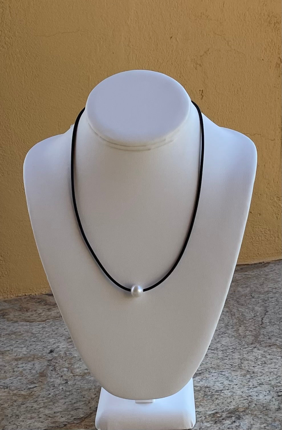 Necklace - Black rubber necklace with beautiful white round fresh water pearl
