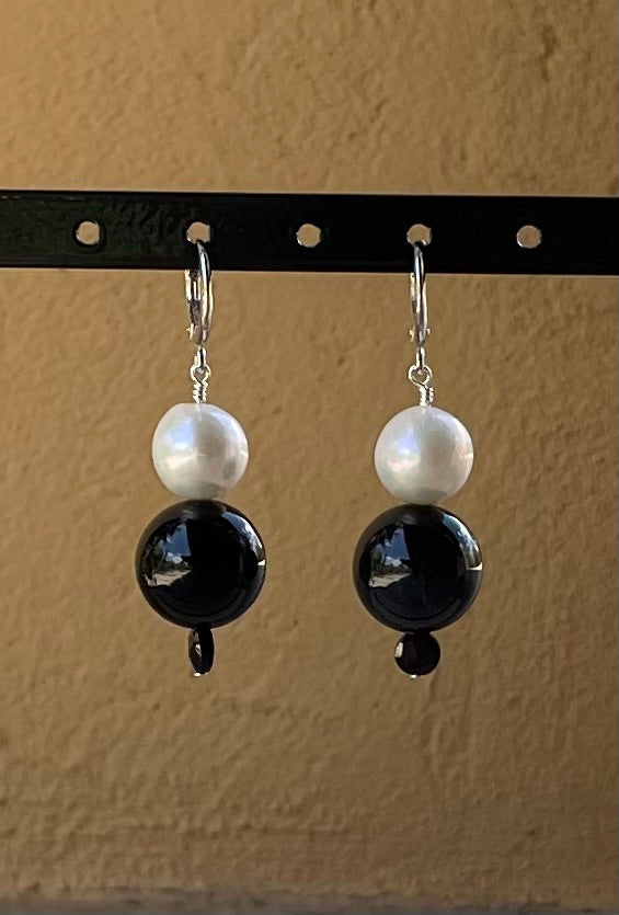 Earrings - large round white freshwater pearls with onyx and black spinel