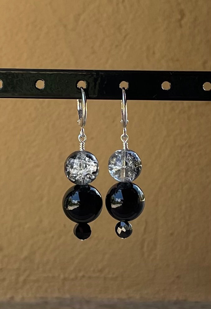 Earrings - hanging black earrings with cracked glass, onyx and black spinel