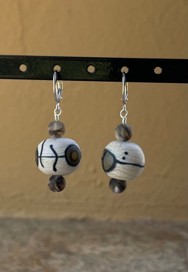 Earrings - Sterling silver with hand made clay beads (cream and brown)