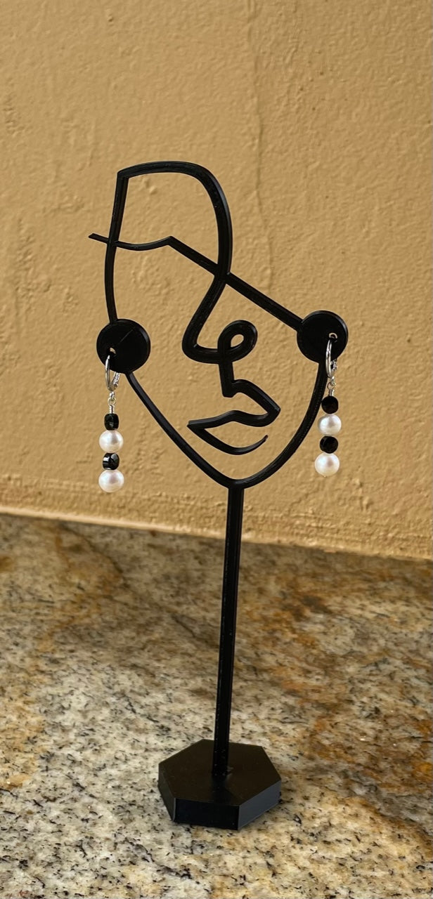 Earrings - white pearl and black spinel hanging earrings