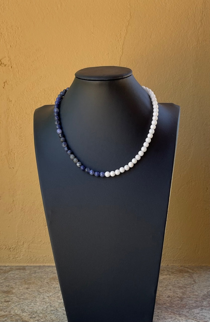 Necklace - Denim blue sodalite and white jade