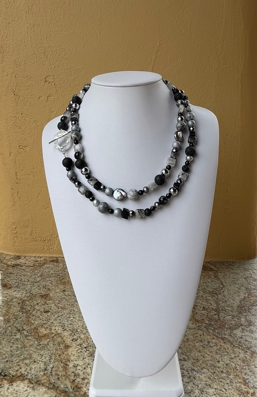 Necklace - Black and grey semi precious multi shape stones and pearls