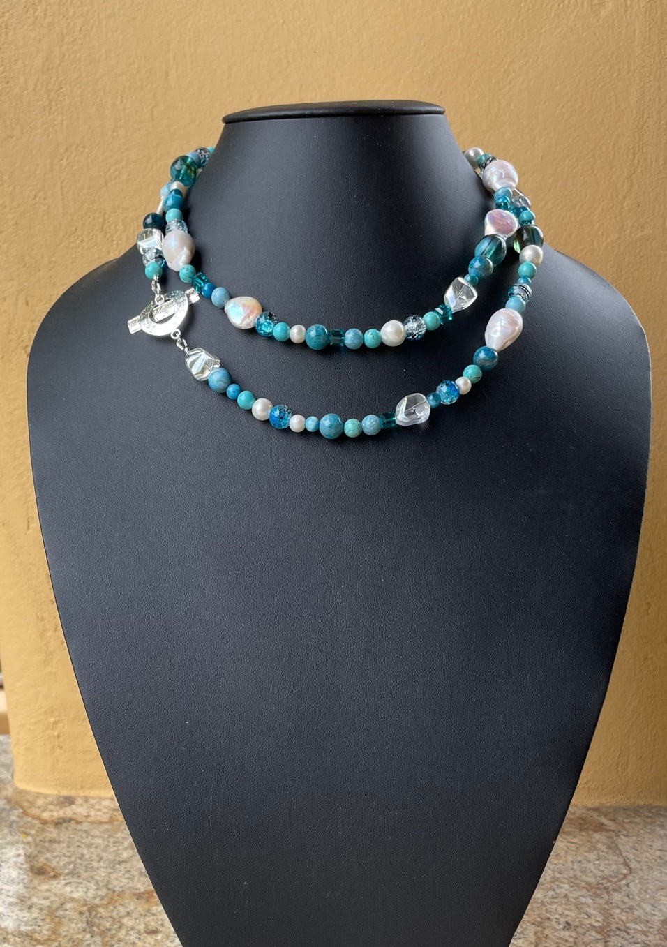 Necklace - Long multi-shape teal, blue, green and white semi precious stones and pearls