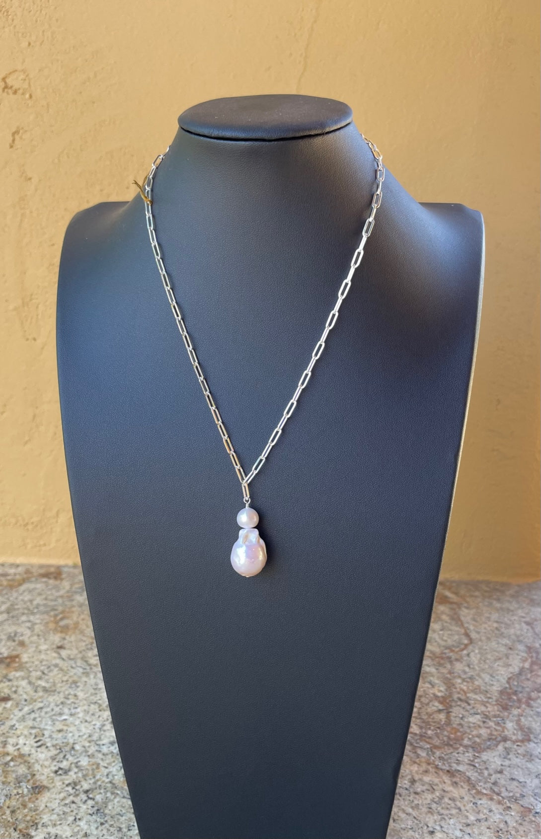 Necklace - Sterling silver paperclip chain with white fresh water pearl pendant