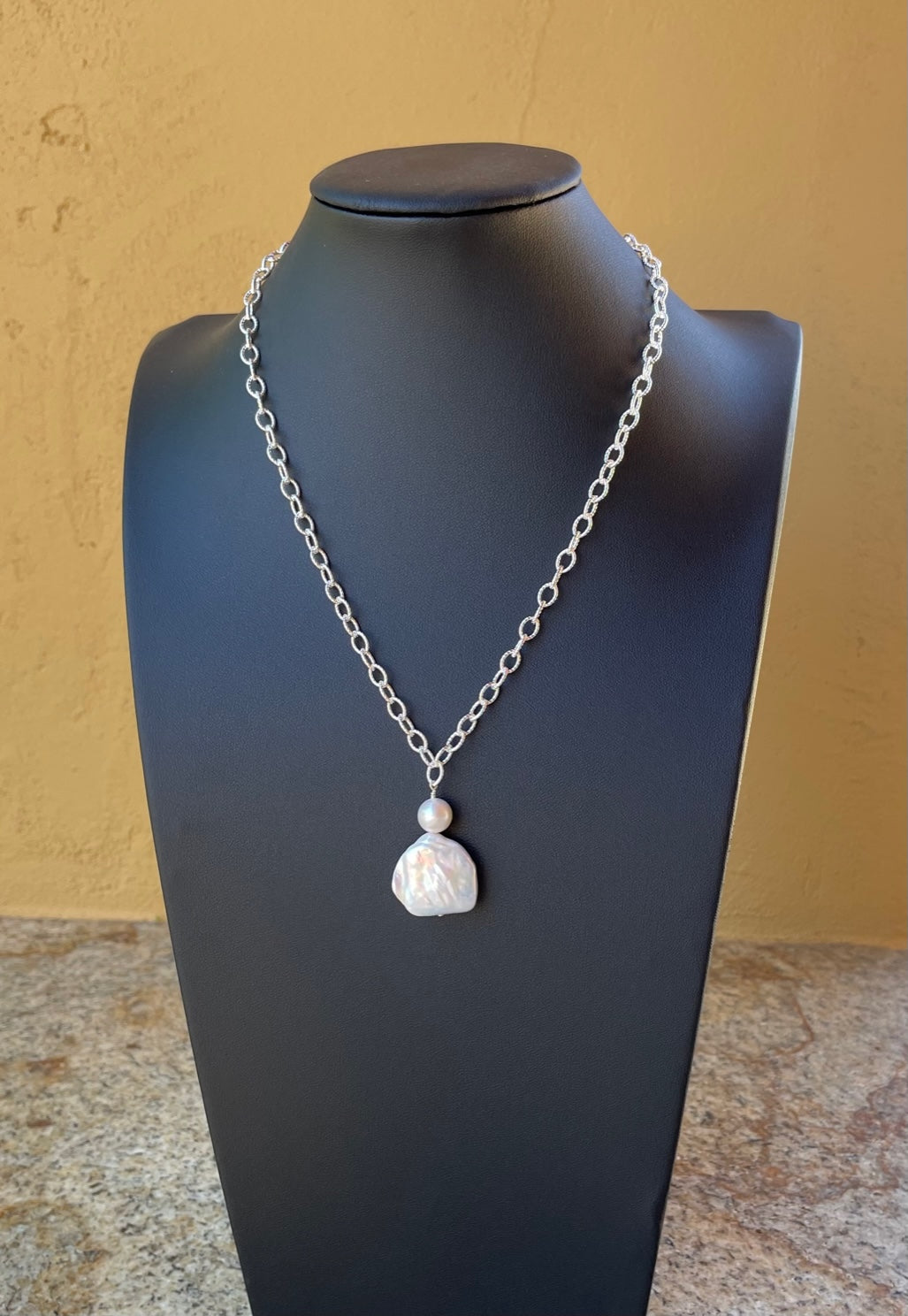 Necklace - sterling silver chain with white two pearl pendant