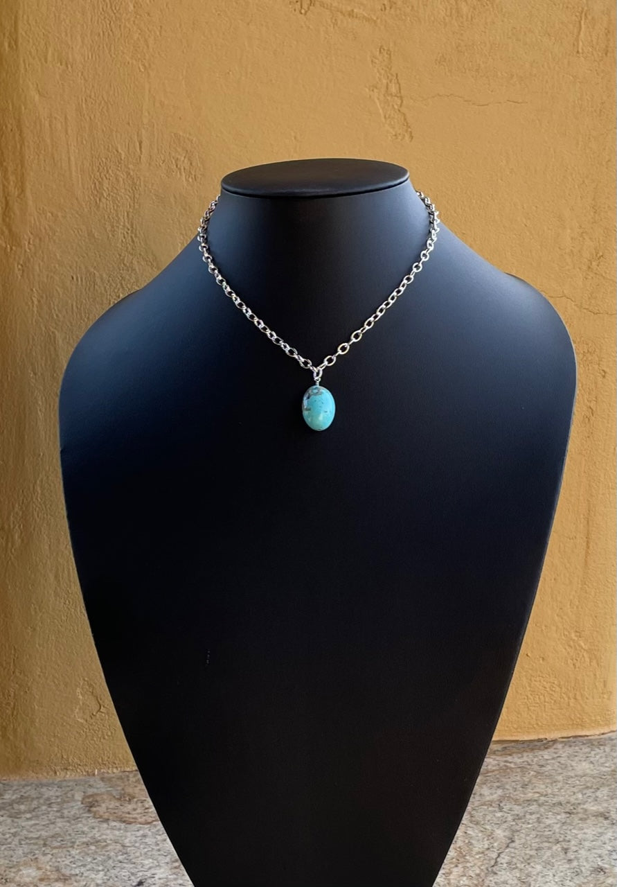 Necklace - Sterling silver oval shape chain with a large oval turquoise stone