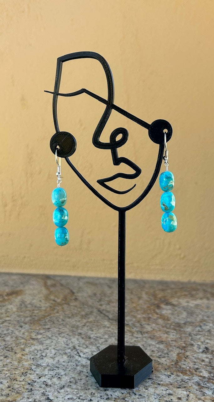 Earrings - 3 oval shaped blue turquoise hanging earrings on sterling