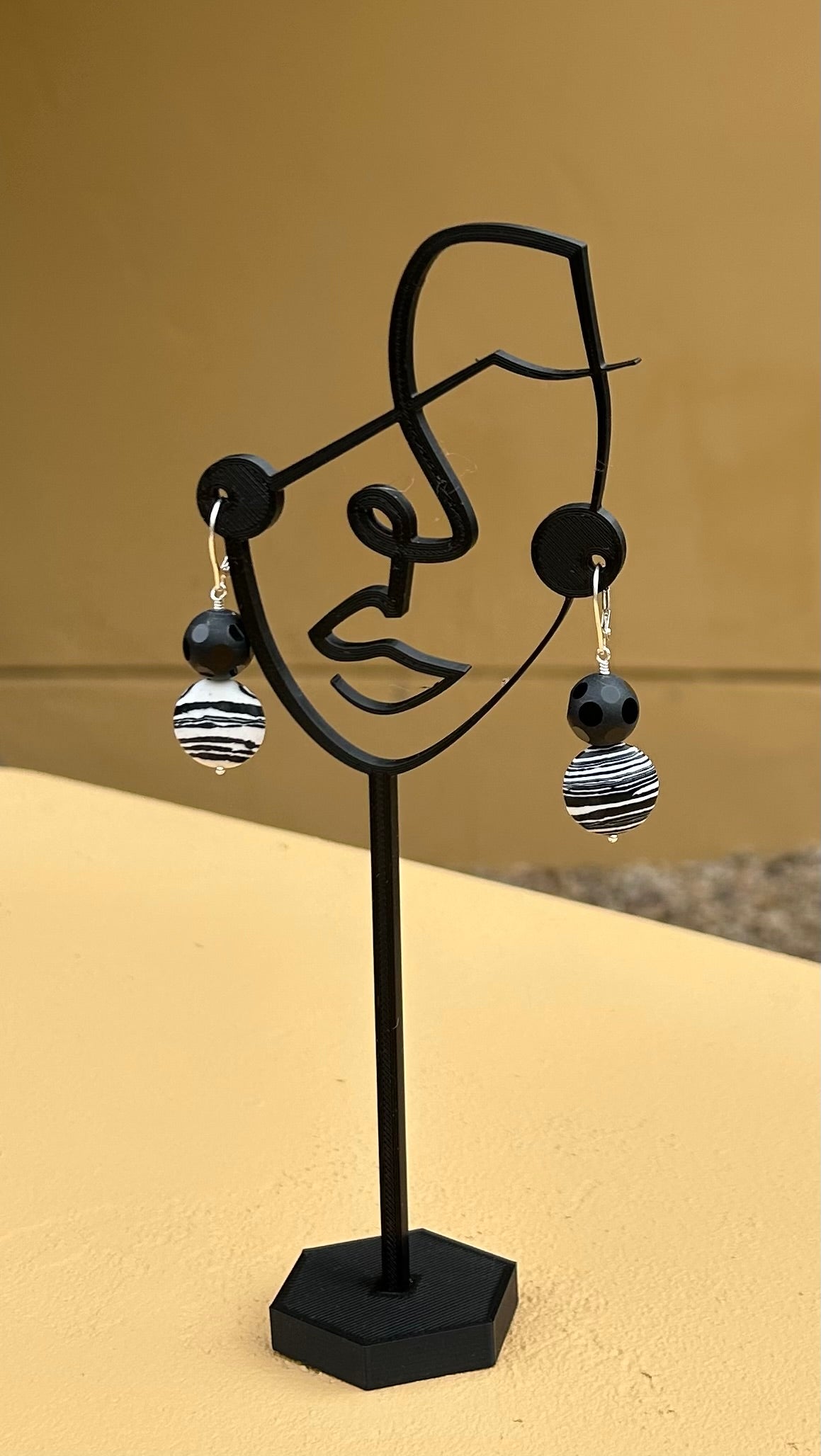 Earrings - Black and white hanging earring on sterling silver