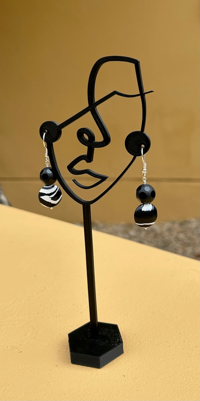 Earrings - black and white hanging earrings on sterling silver