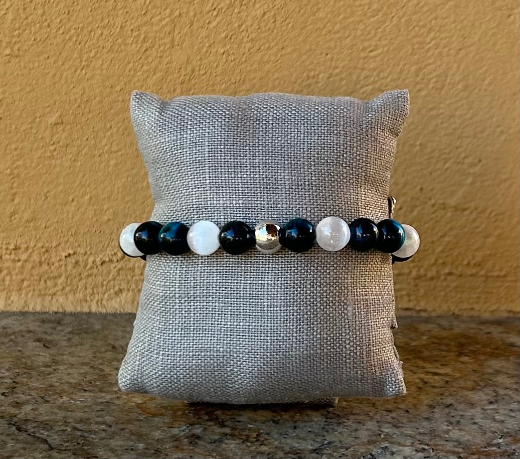 Bracelet - stretch bracelet - cat's eye beads in white, teal and black with sterling silver