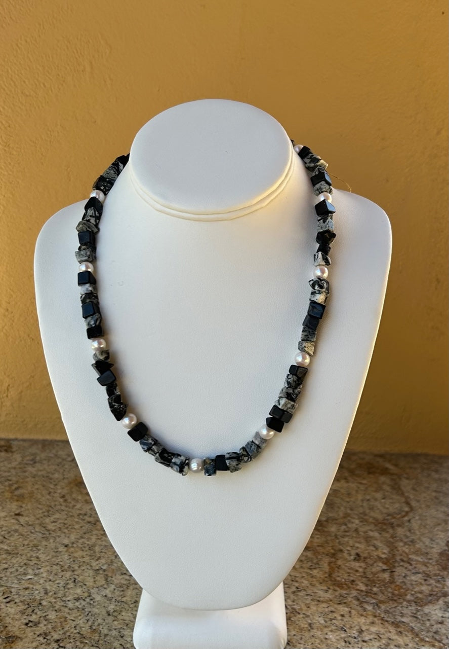 Necklace - Black and grey granite beads with white round freshwater pearls