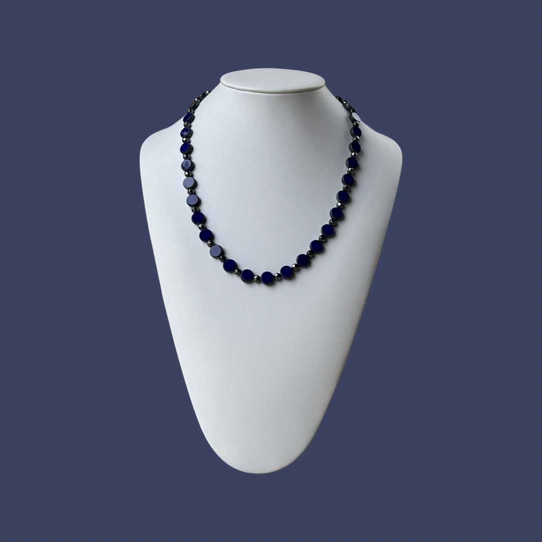 Necklace - Cobalt blue round Czech beads with hematite spacers