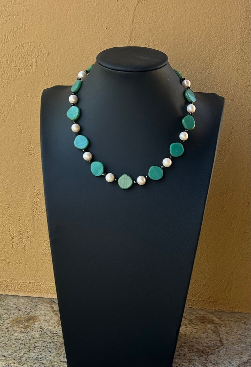 Necklace - Teal Czech glass, black spinel and white fresh water pearls