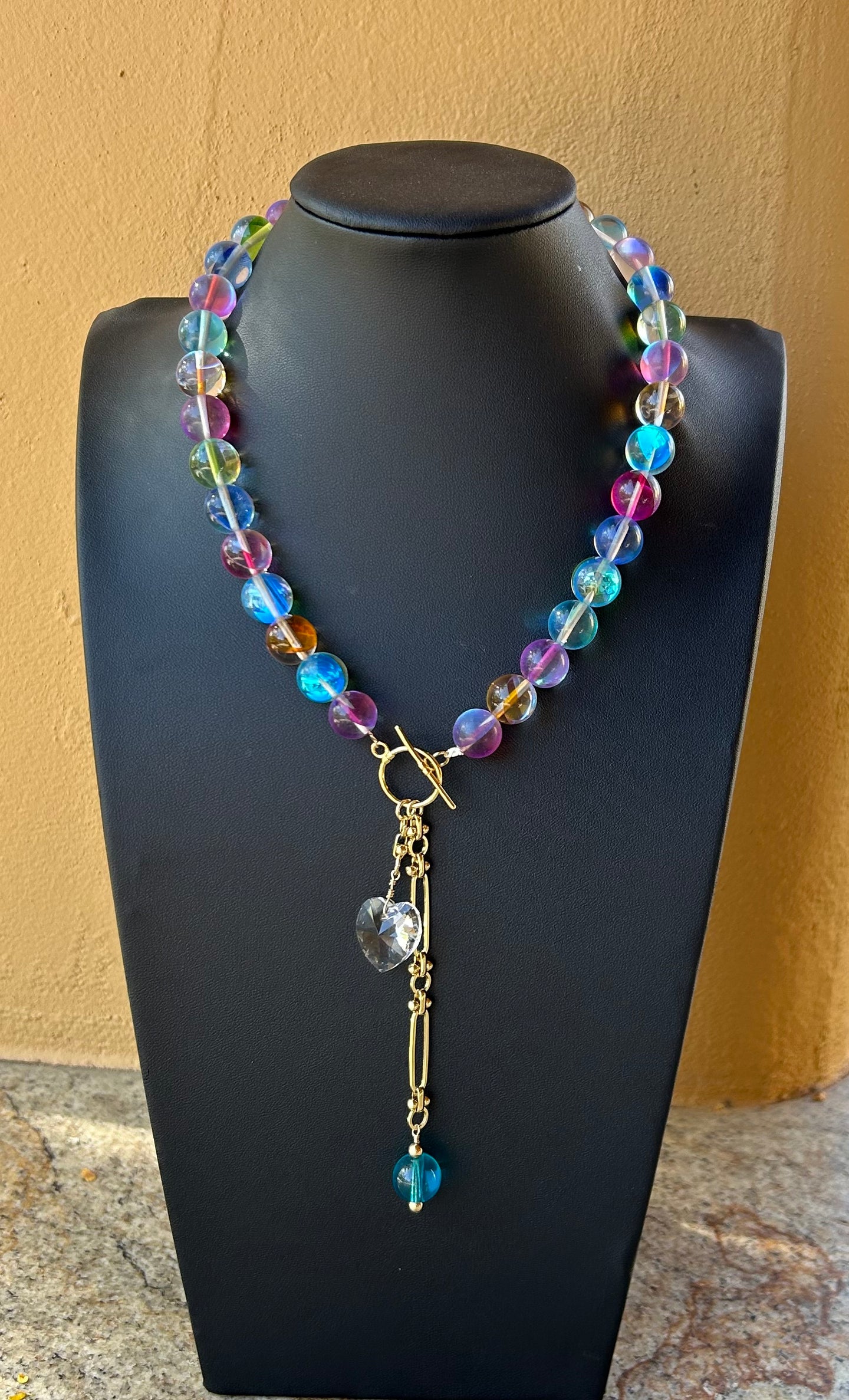 Necklace - multi color quartz beads with 14K gold filled toggle and charms