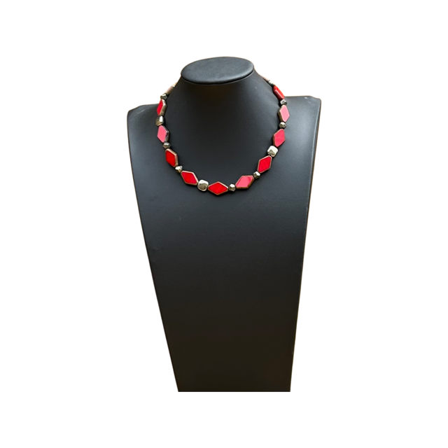 Necklace - Diamond shape red Czech glass necklace with metal spacers